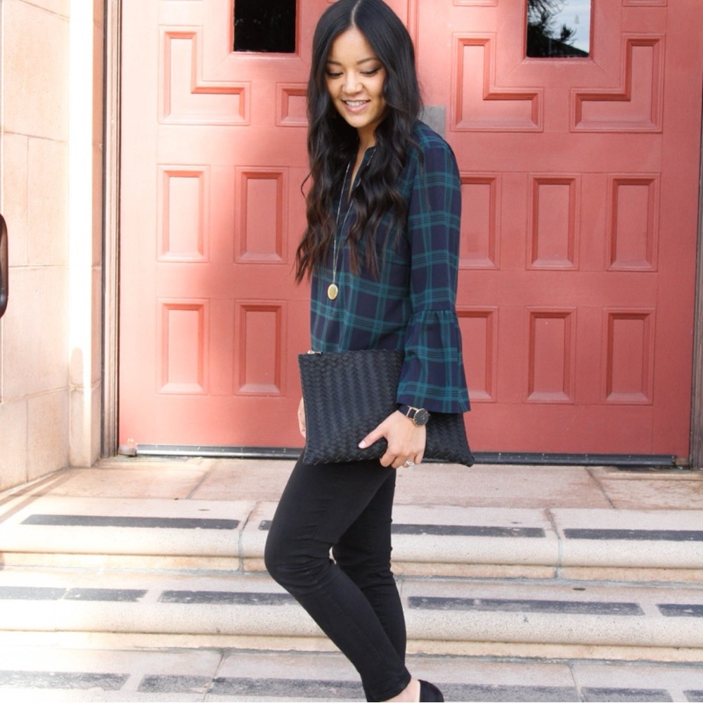 J Crew Factory Plaid Shirt - Bell Sleeves & V-Neck - Size Large